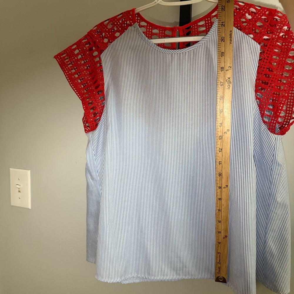Anthropologie Red Crochet & Blue Stripe Cap-Sleeve Blouse - Picture 3 of 6